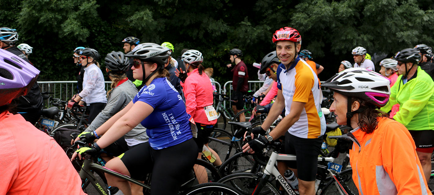 Cyclists at the start of Prudential Ride 100