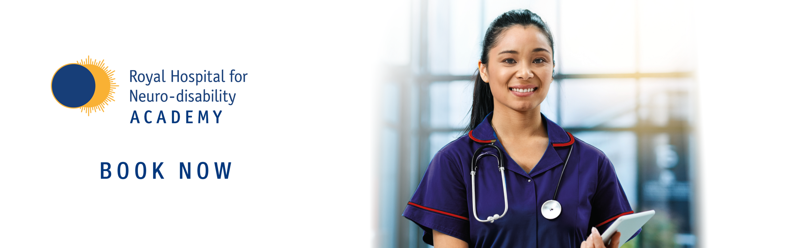 Nurse in blue uniform smiling with a clipboard, with the logo of the hospital and the words "book now" underneath